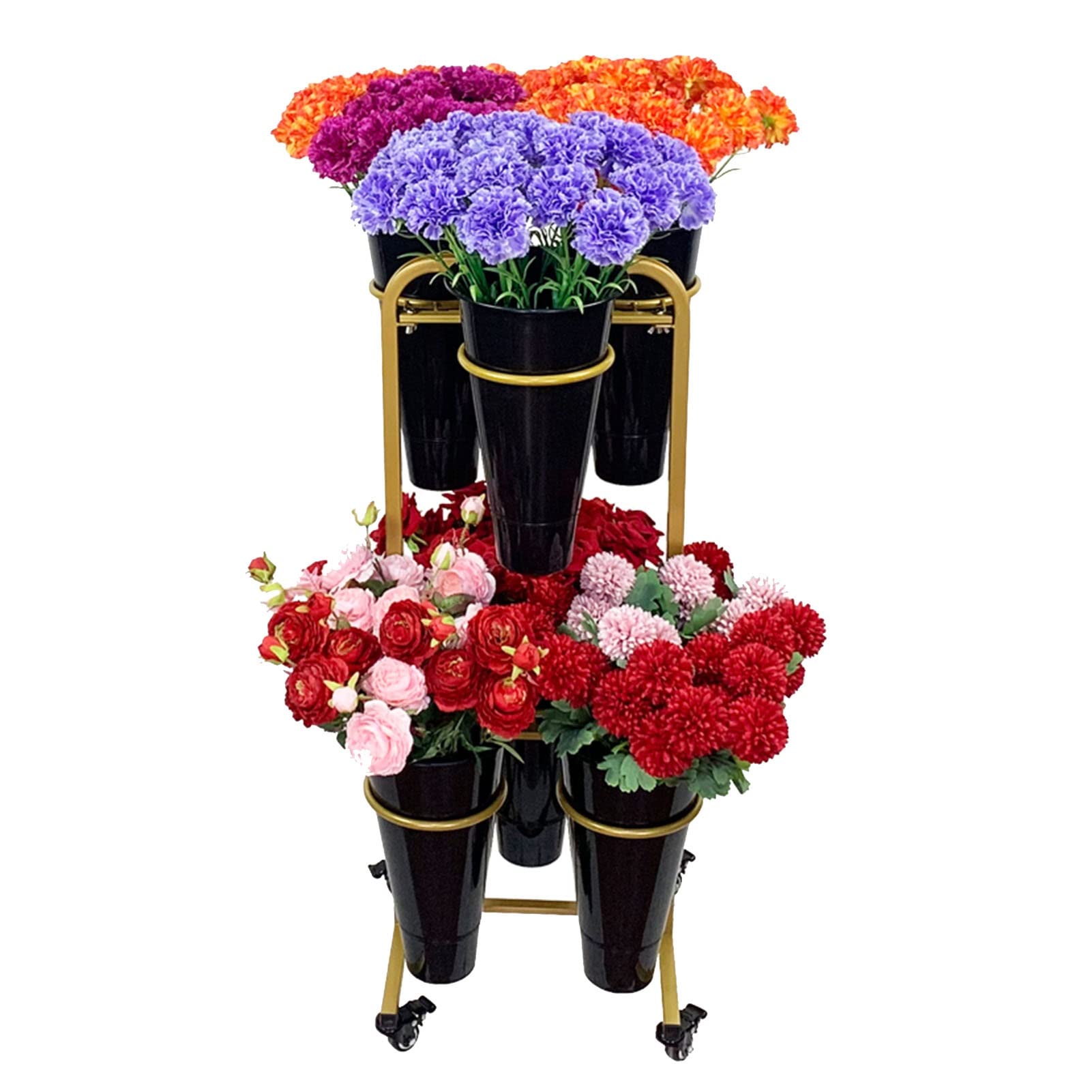 Premium 2-Tier Metal Flower Holder Rack - Gold Shelf & Black Bucket Garden Plant Stand for Outdoor Floral Displays | Perfect for Florists, Gardening, Patio Decor & Wedding Arrangements (6 Barrels, 2 Layers)