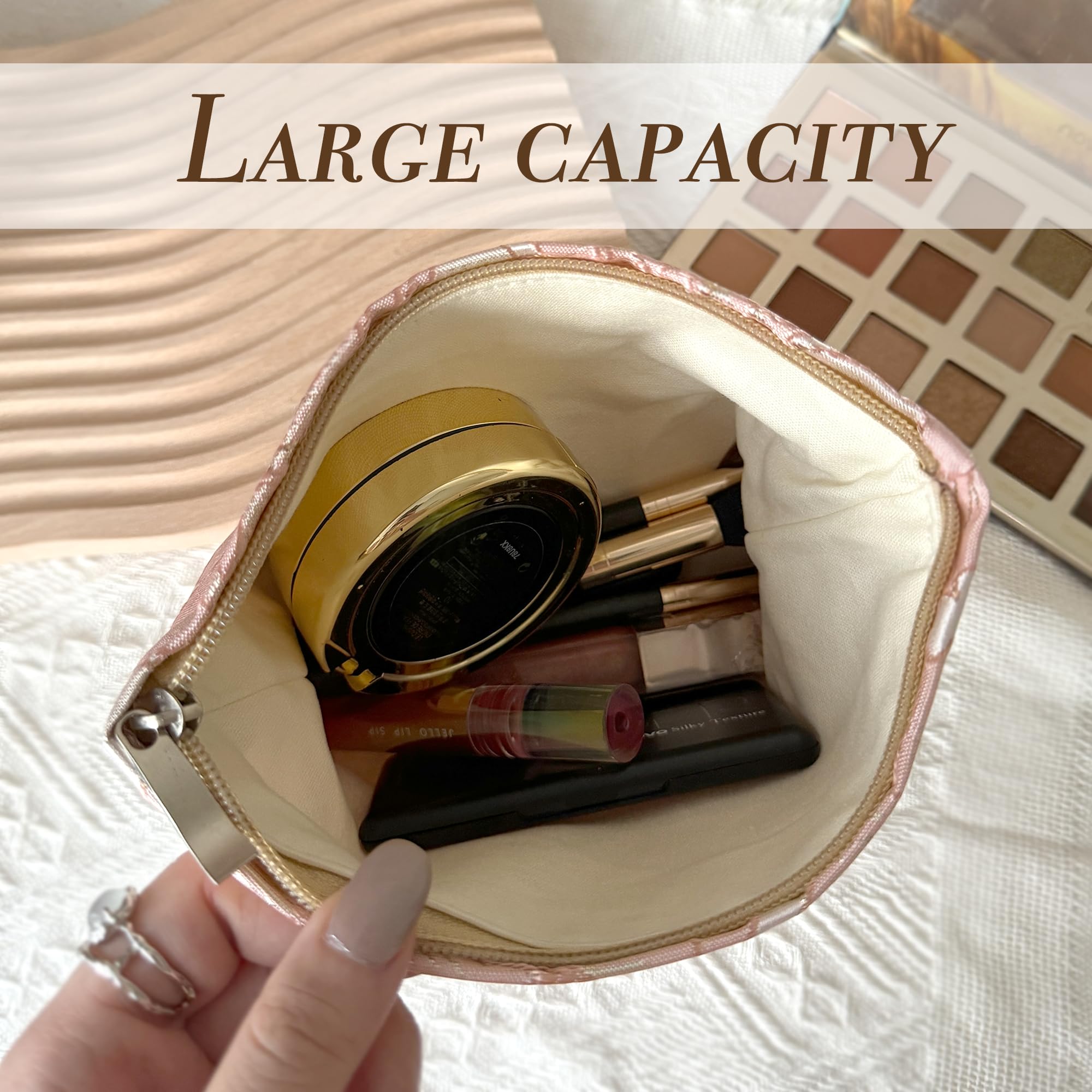 Small Preppy Embroidery Canvas Makeup Bag for Women - Cute Zipper Pouch Cosmetic Organizer, Travel Toiletry Bag (Gold Pink Flowers, Small) - Perfect for Daily Essentials & Weekend Getaways