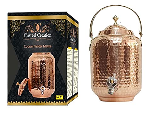 Handcrafted Pure Solid Copper Ayurvedic Matka Water Pot - 5L Traditional Fiber & Metal Water Storage Dispenser with Tap & 2 Glass Cups - Perfect for Home, Office & Ayurvedic Wellness Rituals