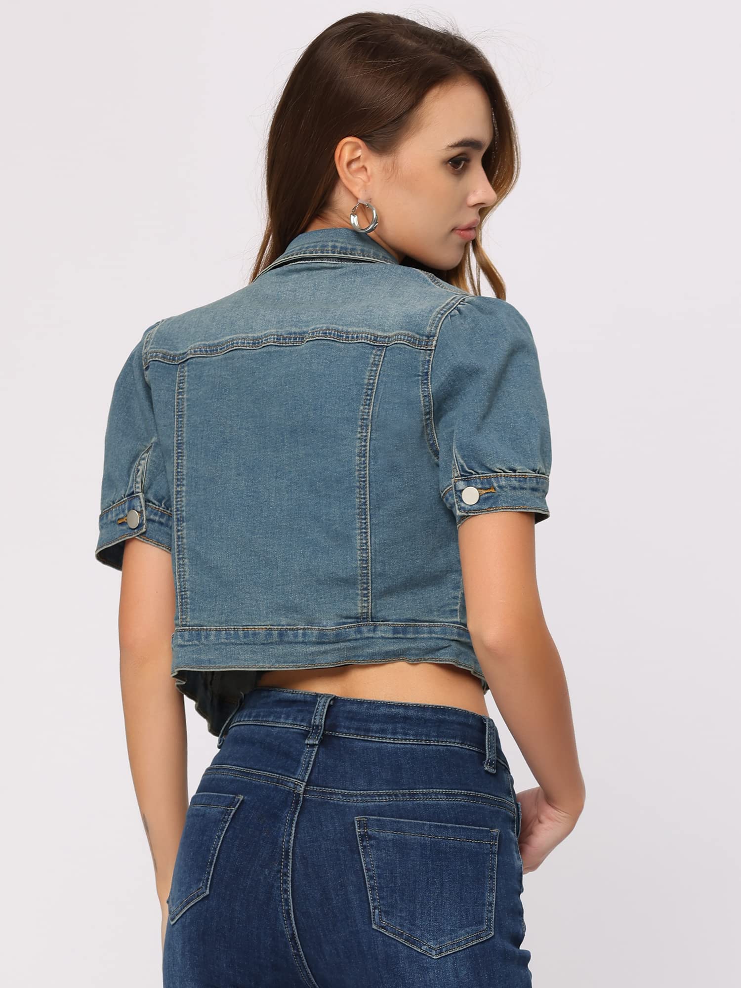 Allegra K Women's Short Sleeve Crop Denim Jacket - Casual Distressed Jean Jacket for Spring & Summer Outfits | Perfect for Brunch, Shopping & Weekend Wear