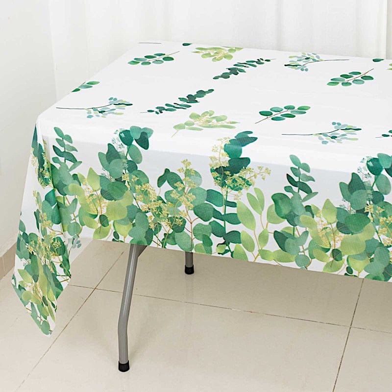 5 Pack 54x108 Inch Rectangular Plastic Tablecloths - White & Green Eucalyptus Leaves Design for Parties, Weddings, and Outdoor Dining