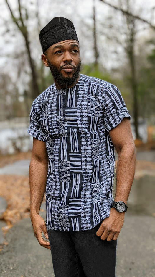 Stylish Black and White African Kente Print Ankara Dashiki Shirt for Men | DPB0795M | Perfect for Cultural Events, Weddings & Afrocentric Fashion
