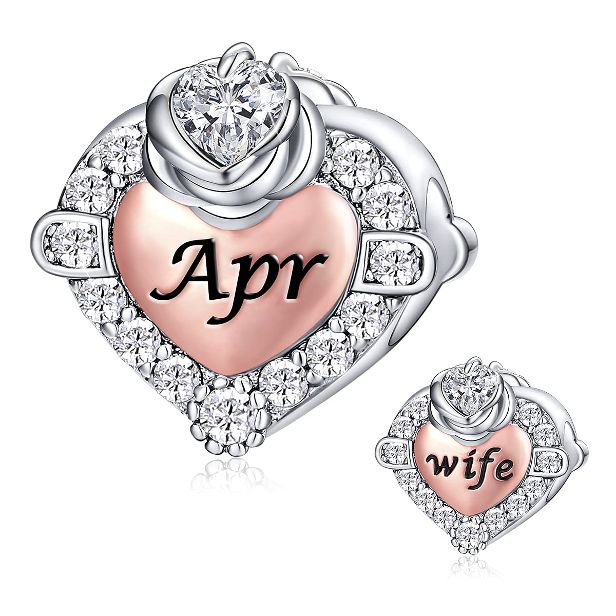 FOREVER QUEEN 925 Sterling Silver & Rose Gold Birthstone Charm for Bracelet - Heart Love Rose Flower Bead for Wife, Birthday Gift Jewelry | Perfect for Anniversary, Mother's Day & Valentine's Day Gifting