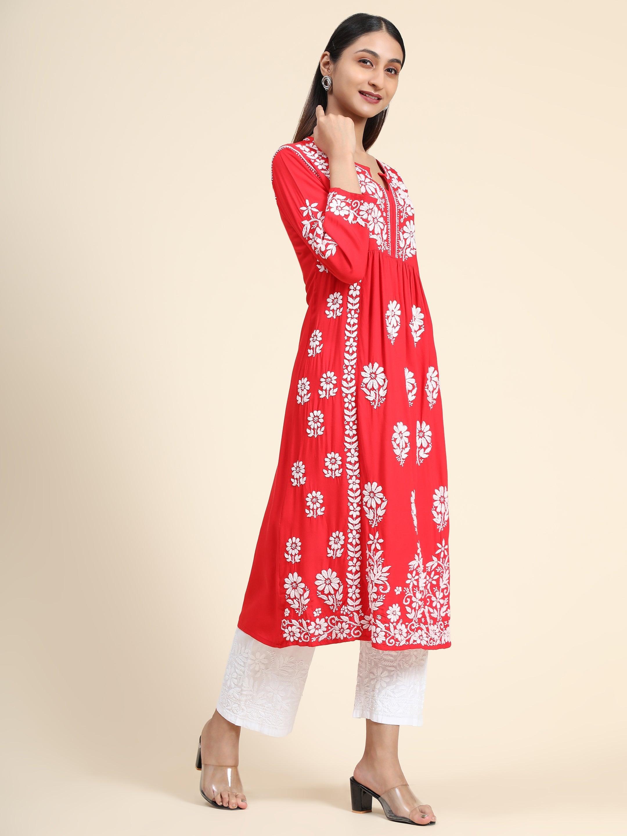 Stylish HOK Rayon Chikankari Long Kurti for Women - Traditional Indian Embroidered Tunic Top - Perfect for Festivals, Weddings & Casual Wear