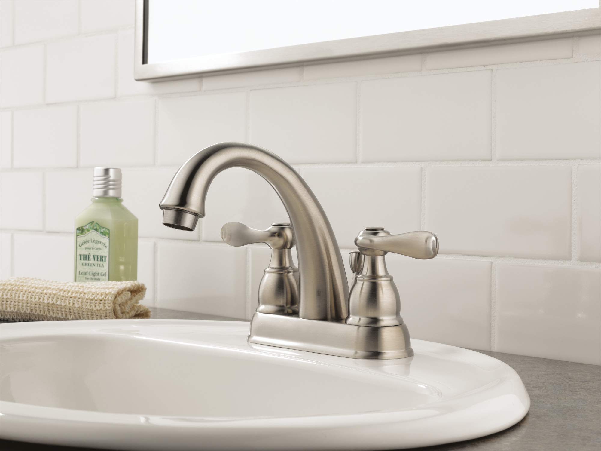 Delta Windemere Brushed Nickel Centerset Bathroom Faucet with Metal Drain Assembly - B2596LF-SS - Elegant Bathroom Sink Faucet for Modern Vanities & Powder Rooms