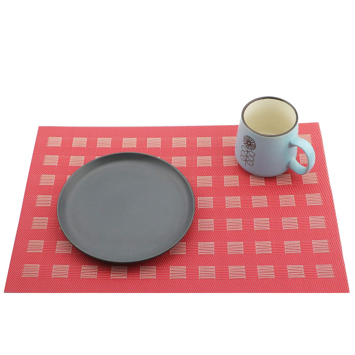 Gugrida PVC Woven Vinyl Placemats Set of 6 - Waterproof & Durable Table Mats for Dining, Kitchen, or Outdoor Use (Red)