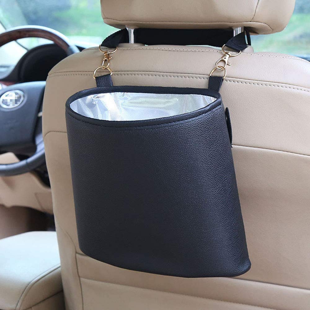 HerMia Hanging Car Trash Can - Premium PU Leather Waterproof Auto Garbage Bin for Travel, Outdoor & Vehicle Use - Perfect for Road Trips, Camping & Commuting (Black)