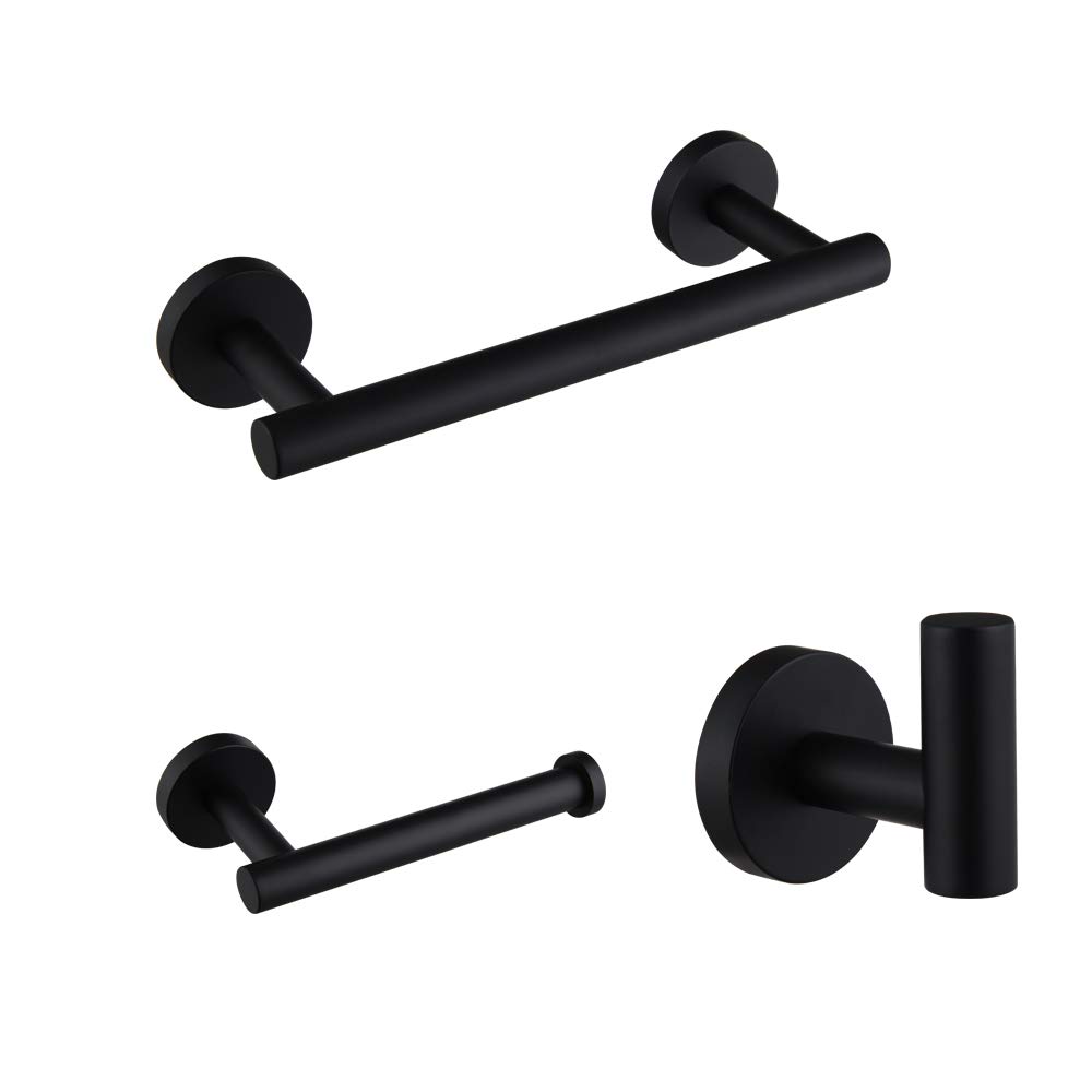 BEIGEEWY Modern Matte Black Stainless Steel Bathroom Hardware Set - 3-Piece Wall Mounted Towel Bar, Toilet Paper Holder & Robe Hook for Bathroom, Shower, Powder Room & Guest Bath Decor