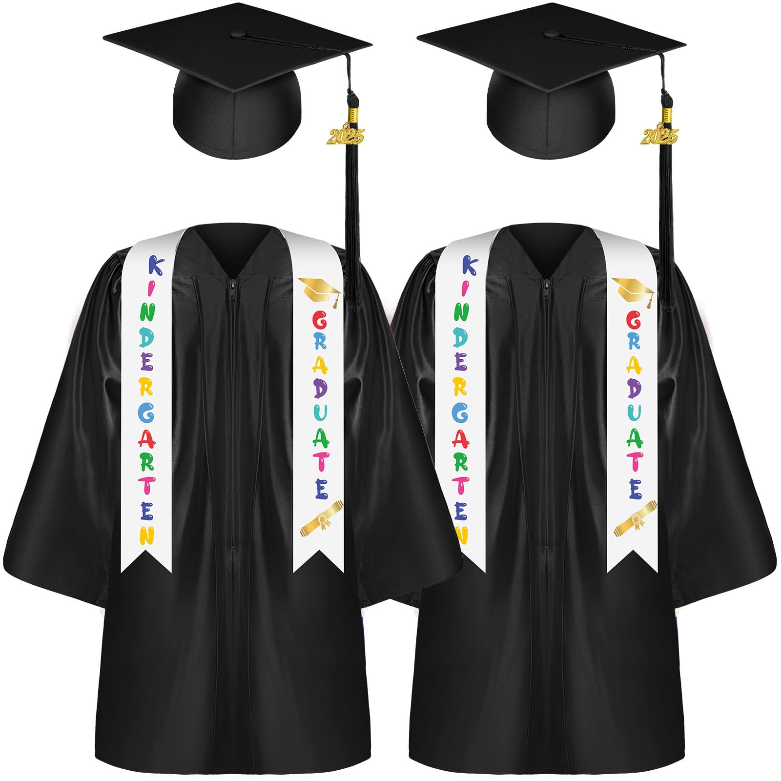 2025 Preschool & Kindergarten Graduation Gown Cap & Tassel Set with Printed Stole - 2 Pack Kids Graduation Outfit for Boys & Girls - Perfect for Ceremonies, Photos & School Celebrations