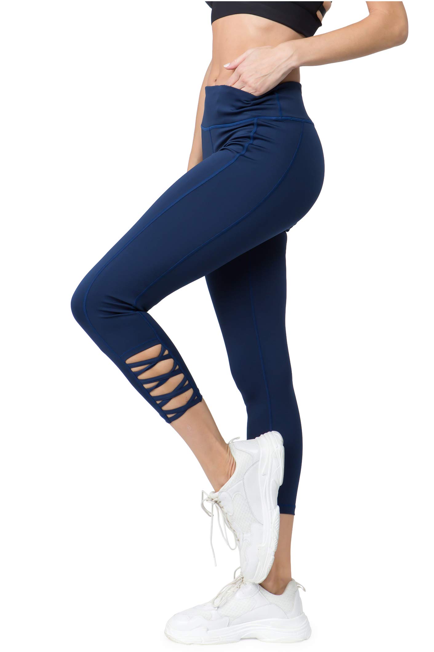 ICONOFLASH Women's High Waist Workout Leggings with Pockets & Lattice Design - Yoga, Running, Gym & Athletic Sports Pants