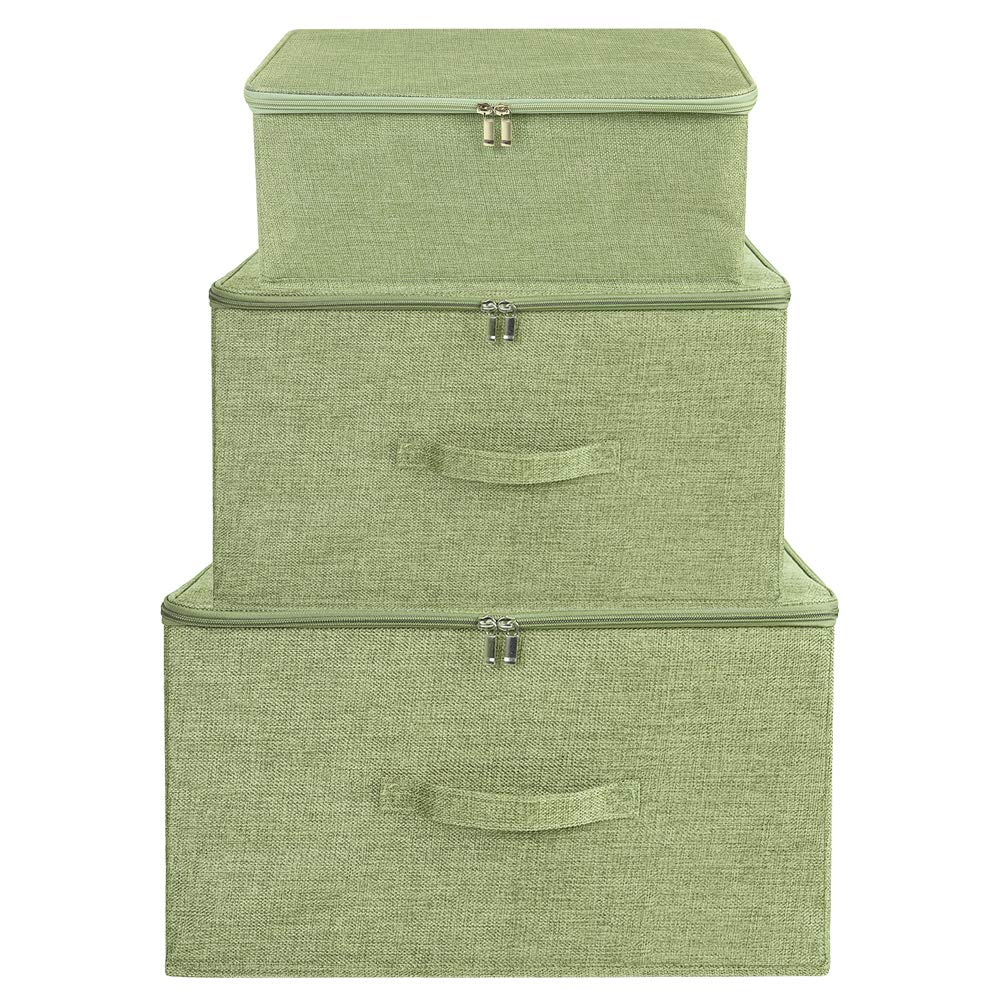 ANMINY 2-Pack Large Foldable Storage Bins with Zipper Lid & Handles - PP Plastic Board & Cotton Linen Fabric Organizer Box for Closet, Clothes, Toys, Home Organization (Green) - Perfect for Bedroom, Nursery, Office & Travel Storage Solutions