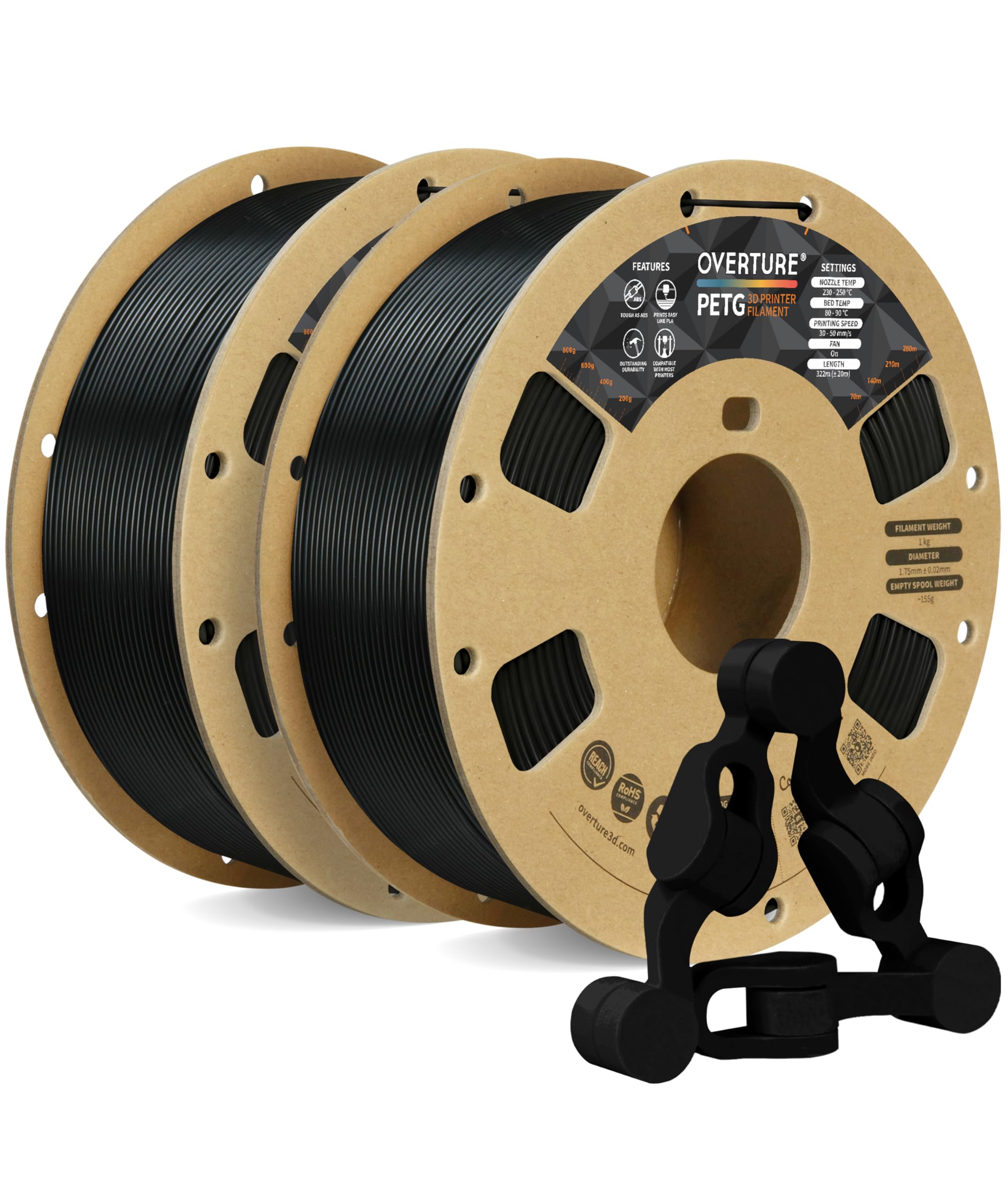 OVERTURE PETG Filament 1.75mm for 3D Printing - 2kg Spool (4.4lbs) with +/- 0.02mm Accuracy - Compatible with Most FDM Printers - Black (2-Pack) - Perfect for Functional Prints, Cosplay Props & DIY Projects