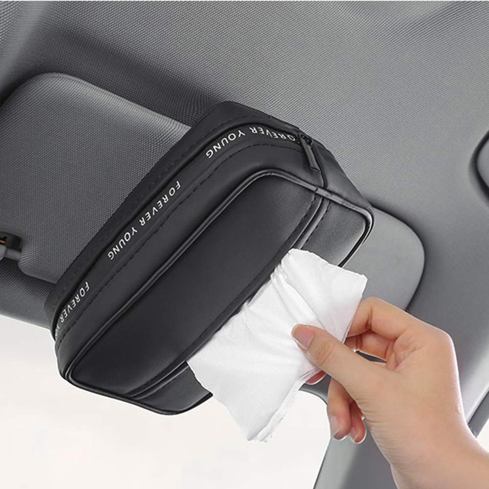 QHCP Universal Car Tissue Box Holder - Leather Hanging Tissue Bag for Armrest & Seat Back, Sunshade Auto Accessory | Perfect for Road Trips, Commuting & Family Travel