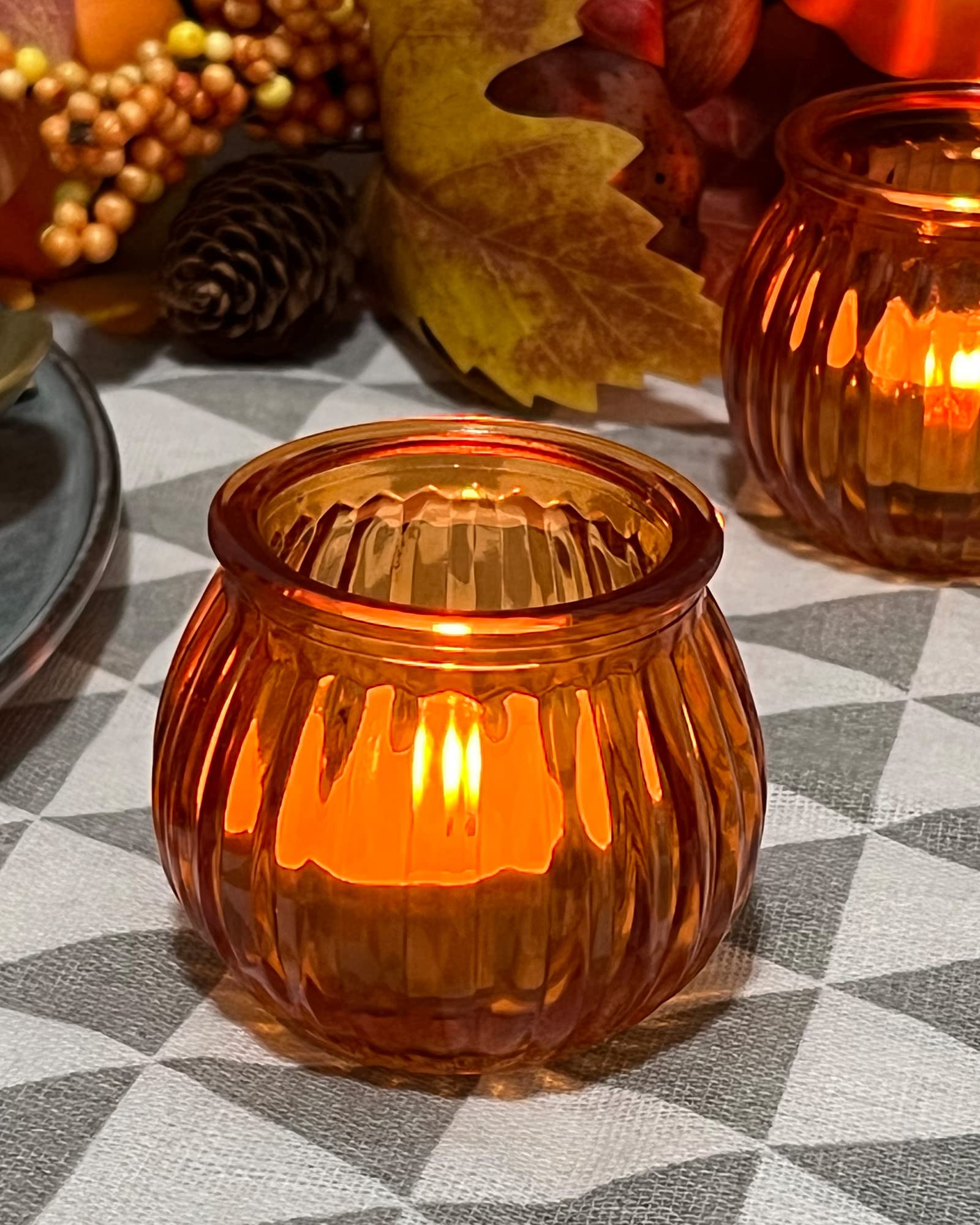 WDHODEC Set of 12 Amber Glass Pumpkin Tealight Holders - Fall Wedding Table Centerpiece, Thanksgiving & Halloween Decor - Perfect for Autumn Parties, Home Decor, and Seasonal Candle Displays