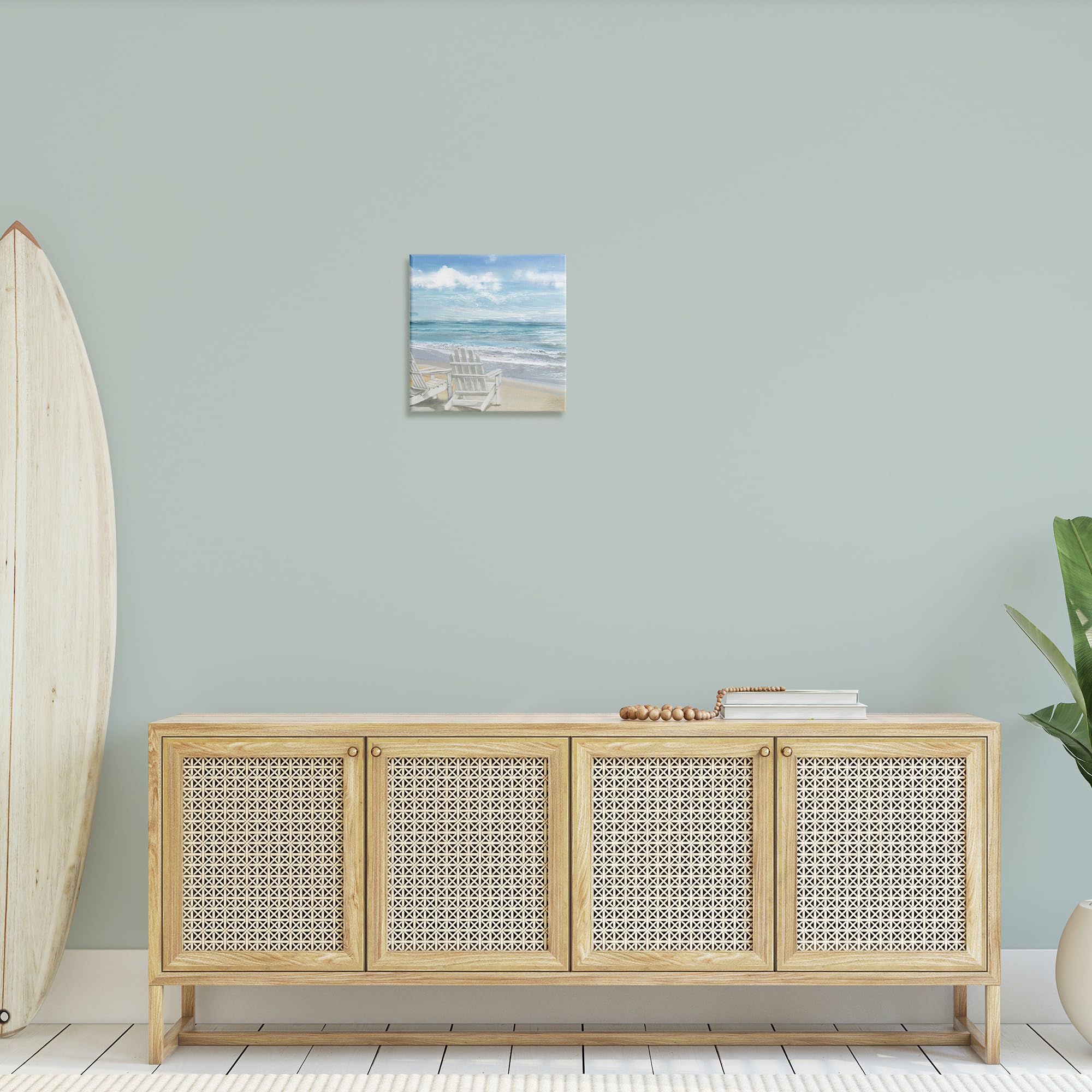 Stupell Industries White Adirondack Chairs Beach Painting Canvas Wall Art - 17x17 Inch Coastal Decor, Made in USA - Perfect for Living Room, Bedroom & Beach House Decor