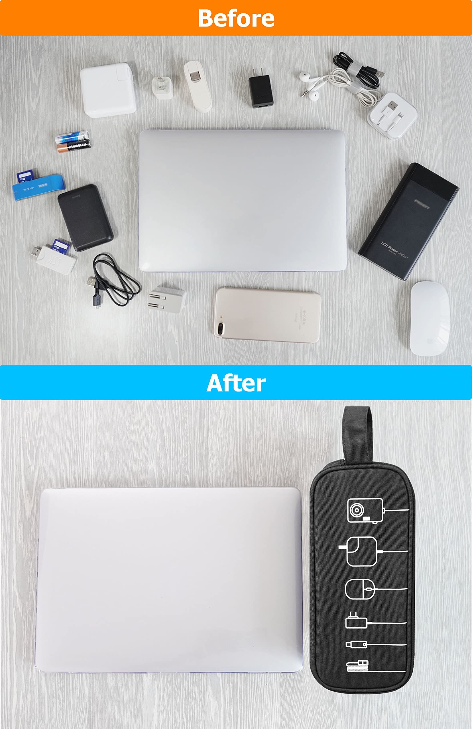 HESTECH Electronics Organizer Travel Charger Case - Waterproof Double Layer Storage Bag for Cables, Mouse, Earbuds, USB Drives (Black, Medium) - Perfect for Travel, Office & Home Organization