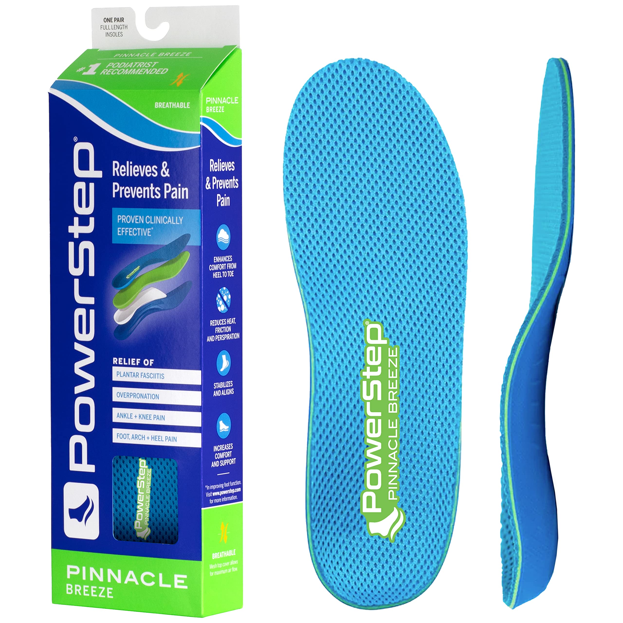 Powerstep Insoles - Pinnacle Breeze Arch Support Orthotics for Women & Men, Breathable Fabric for All-Day Comfort, Relieves Foot & Heel Pain - Perfect for Running, Walking & Standing Long Hours