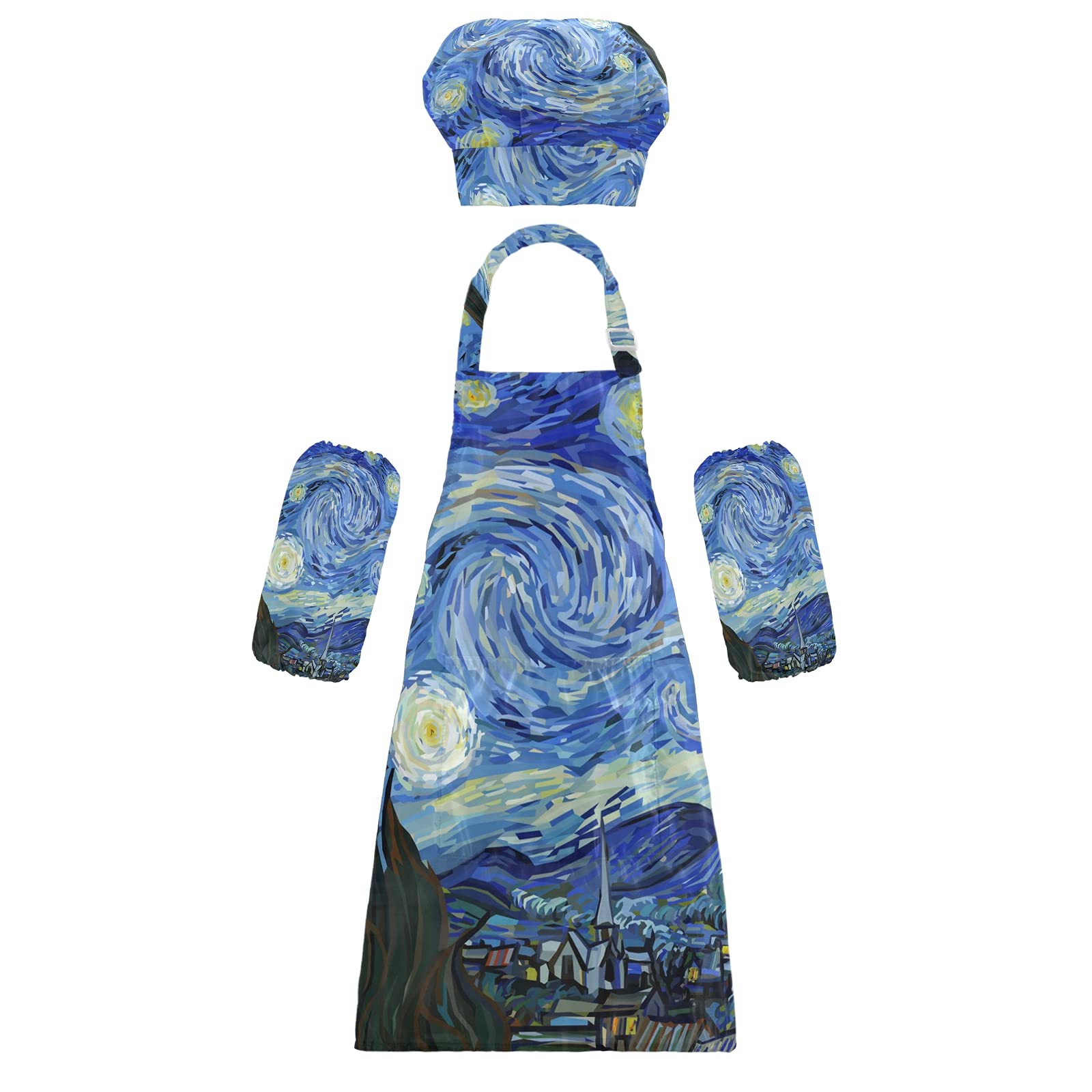 Kids Chef Apron Set with Hat - Starry Night Design for Boys & Girls - Kitchen Cooking Baking Aprons - Perfect for Birthday Parties, Pretend Play & Cooking Classes