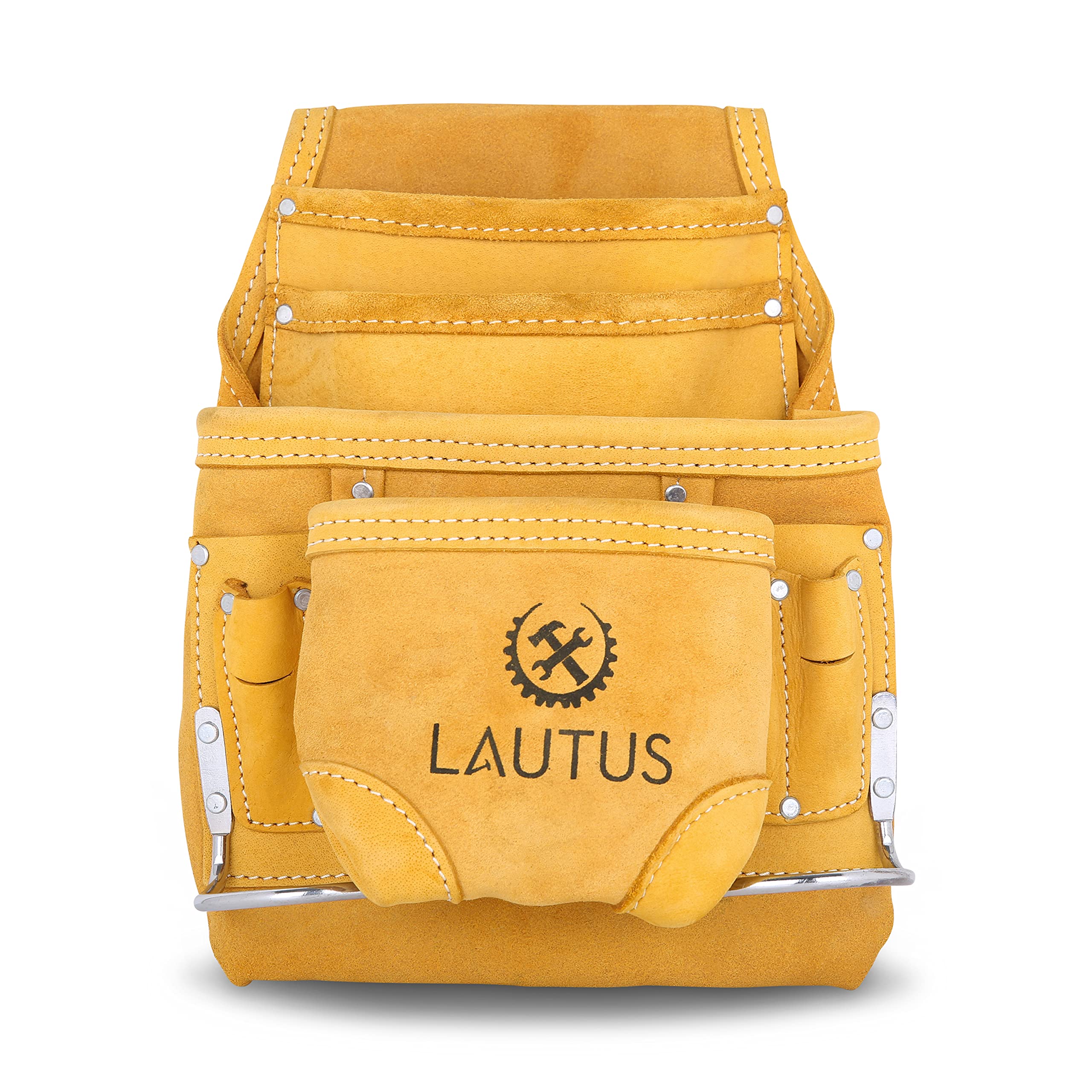 LAUTUS Nubuck Top Grain Leather Tool Pouch Bag for Carpenters & Construction Workers - 10 Pockets & 2 Hammer Holders - 100% Genuine Leather - Perfect for Framing, Roofing & DIY Projects