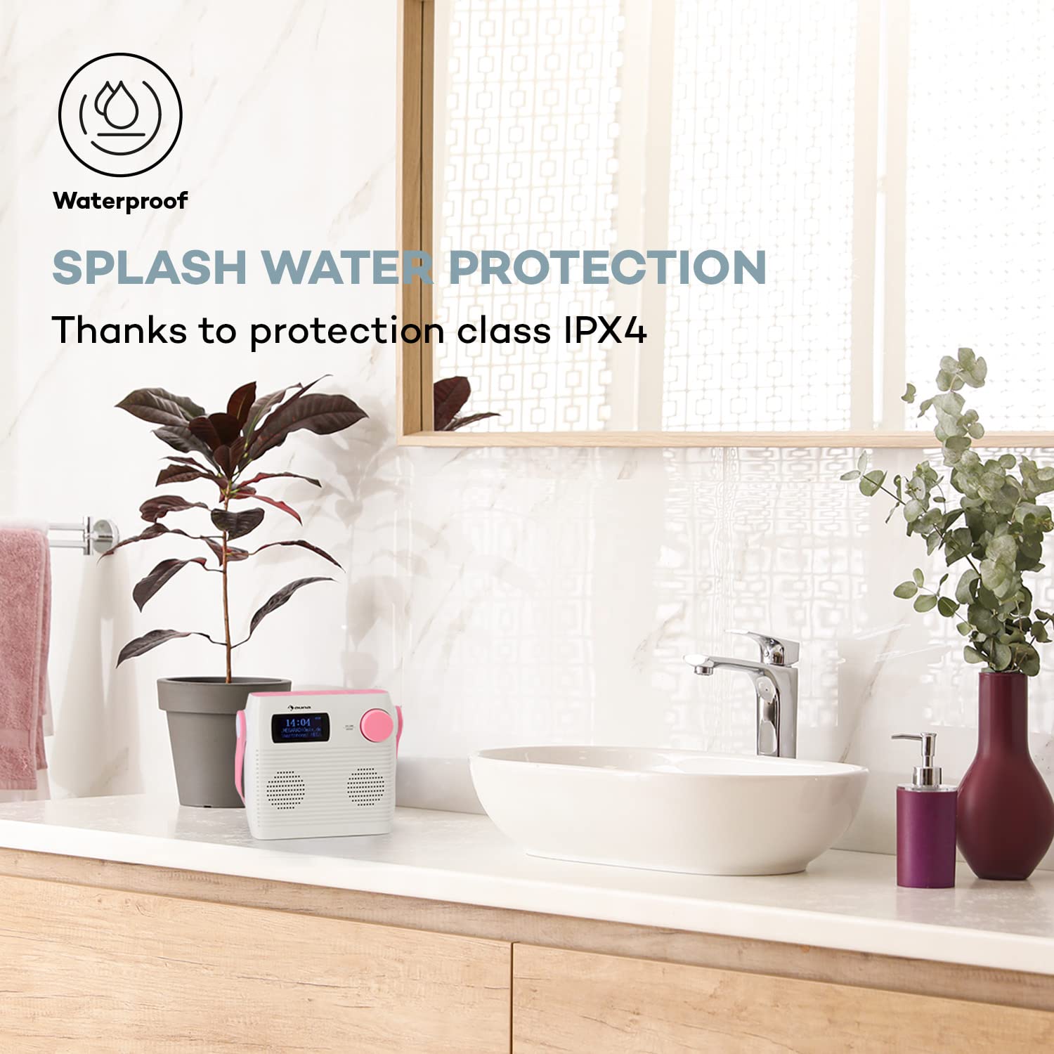 Auna Splash Shower Radio - Waterproof DAB+/FM Digital Radio with Bluetooth, USB-C Charging & Headphone Jack | IPX4 Rated for Bathroom, Poolside & Outdoor Use | White & Pink Color