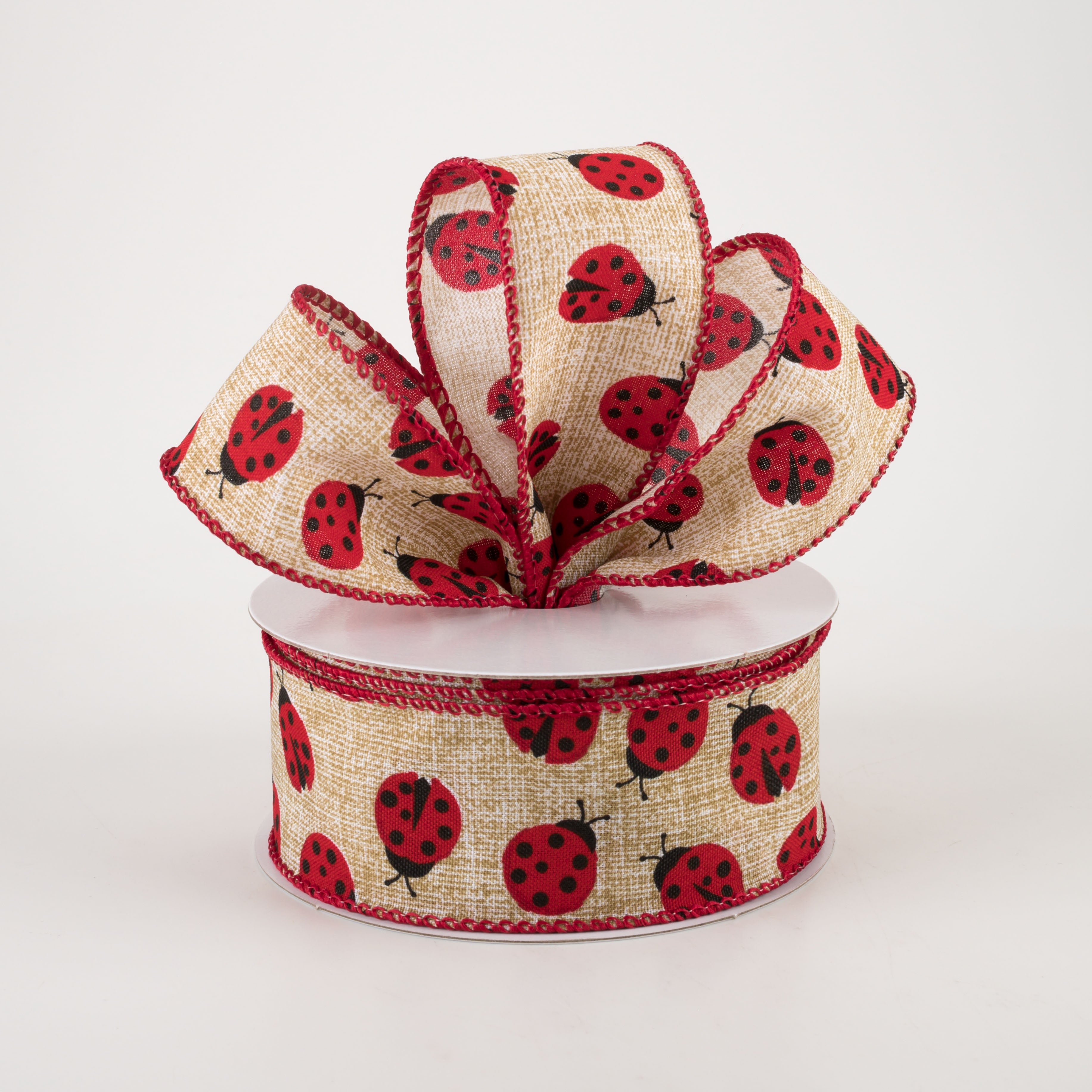 1.5 Inch Natural Linen Ladybug Print Ribbon - 10 Yards Bulk Roll for Gift Wrapping, DIY Crafts, Hair Bows & Home Decor