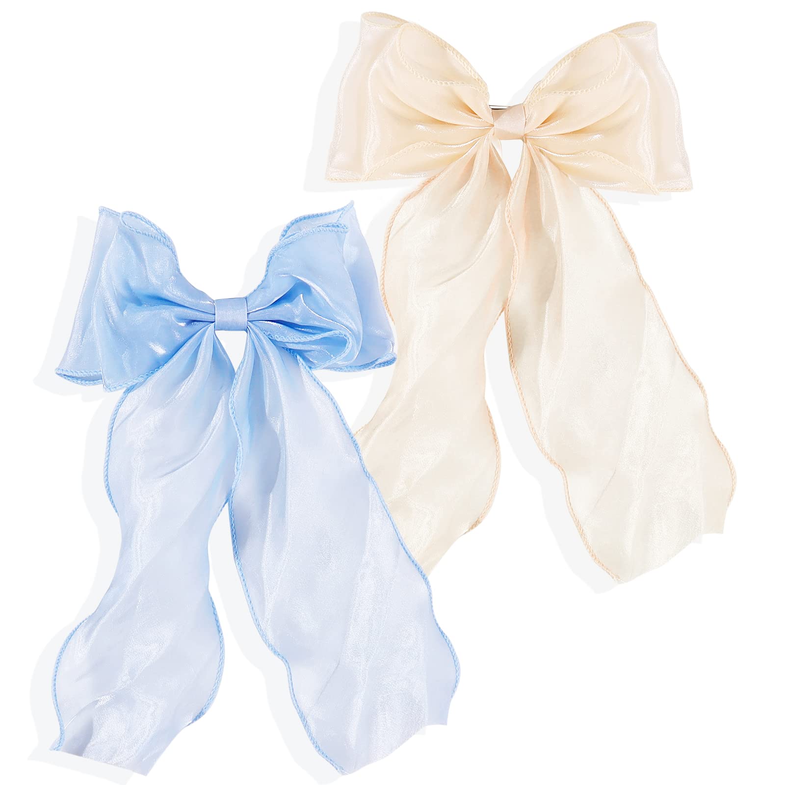 KesaPlan Large Hair Bow Clips for Women & Girls - 2PCS Big Silk Satin Hair Bows with Long Tail Ribbon, French Double Layer Soft Bowknot Hairpins for Teens - Perfect for Weddings, Parties & Everyday Styling