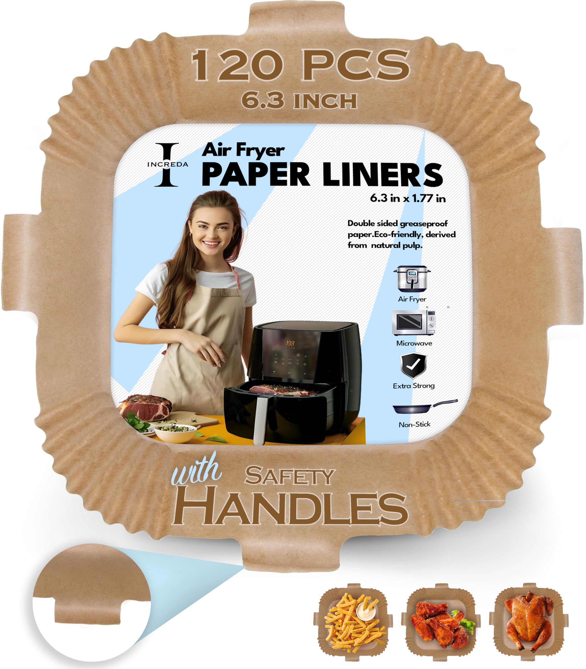 Increda 120-Pack 6.3 Inch Square Air Fryer Liners - Disposable Food Grade Greaseproof Paper for Air Fryer Baskets, Microwave & Oven - Comes with Reusable Protective Plastic Case - Perfect for Quick Meals, Healthy Cooking & Easy Cleanup