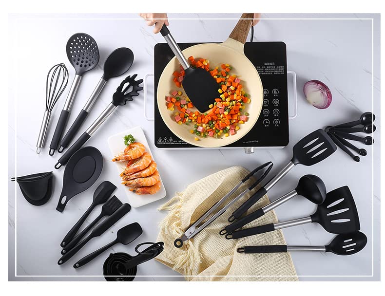 20Pcs Silicone Cooking Utensil Set with Holder - Heat Resistant to 446°F, Stainless Steel Handle Kitchen Tools for Nonstick Cookware - Includes Spatula, Spoon & Whisk - Perfect for Baking, Frying & Everyday Cooking (Black)