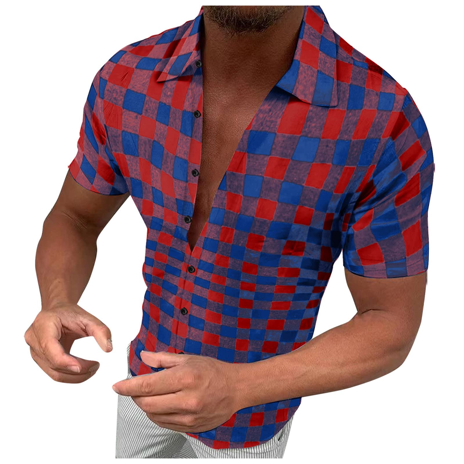 Makalon Men's Spring Summer Casual Plaid Buckle Lapel Short Sleeve Shirt Jacket - Lightweight Workout Shirts for Gym, Outdoor Activities & Daily Wear