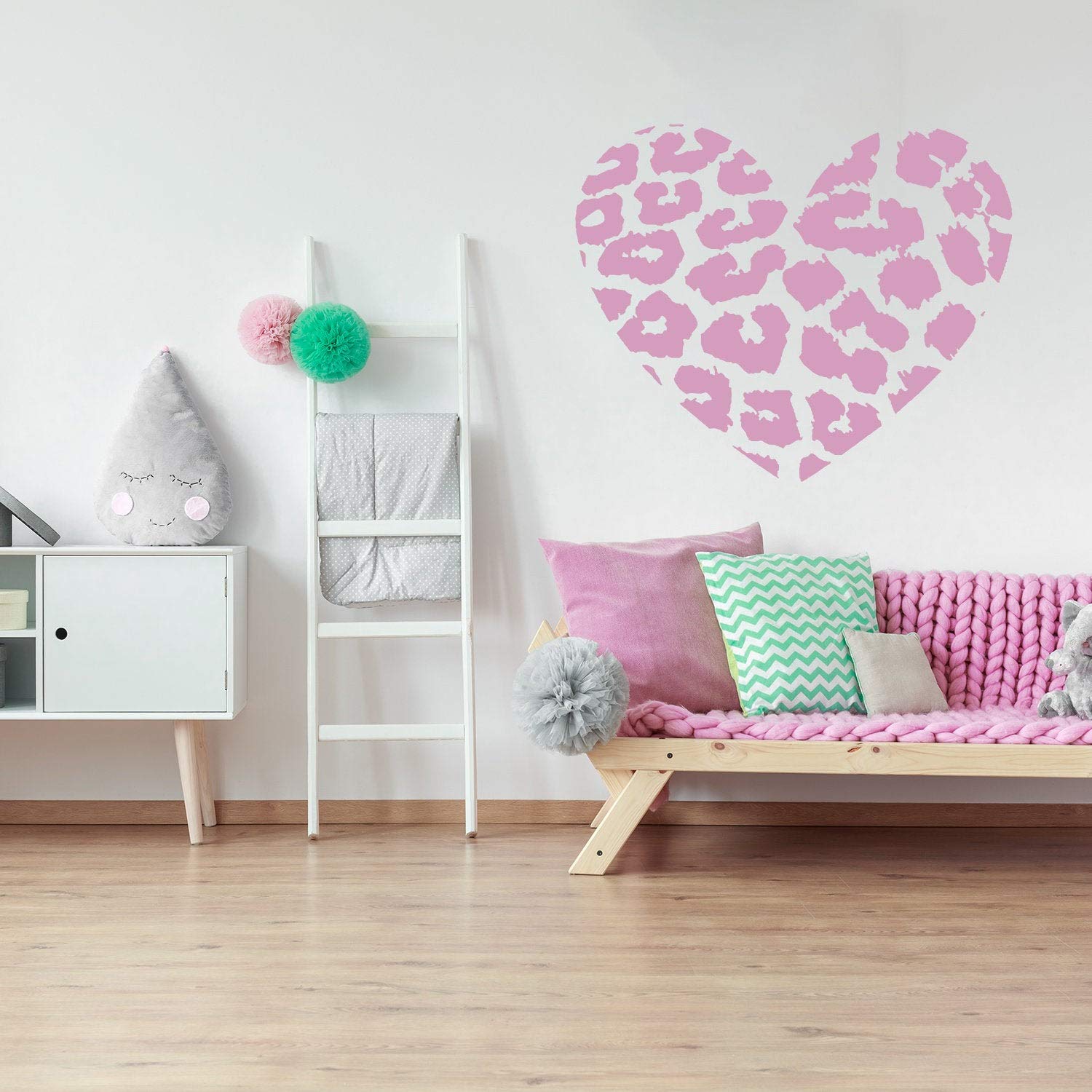 Leopard Heart Wall Sticker - Texas Vinyl Art Decal for Bedroom & Nursery - Pink Wild Jaguar Skin Removable Large Wall Decoration - Perfect for Girls Room, Dorm Decor & Home Aesthetic Makeover