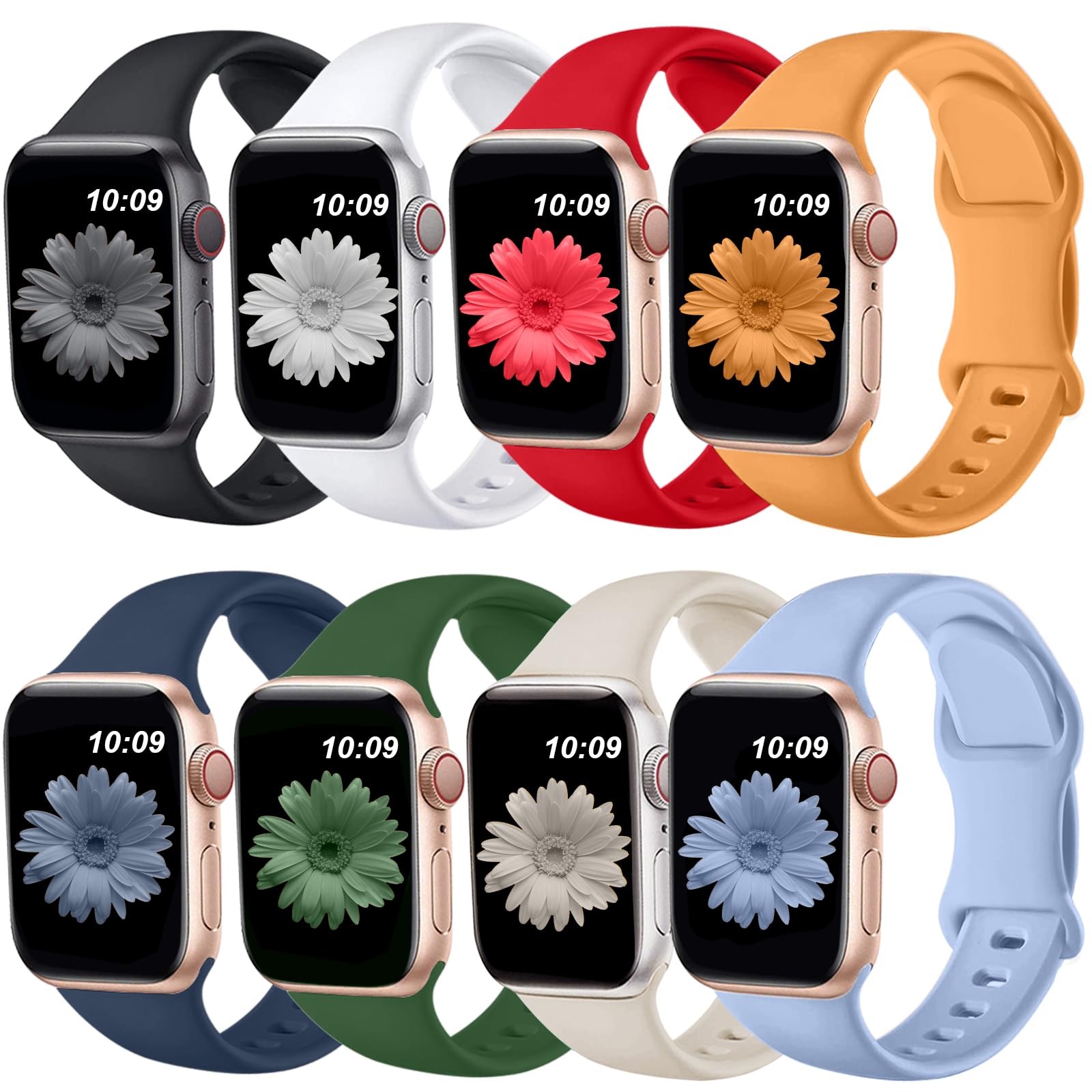 8 Pack Soft Silicone Sport Bands for Apple Watch 38mm 40mm 41mm 42mm 44mm 45mm 46mm 49mm - Compatible with iWatch Series Ultra 10 9 8 7 6 5 4 3 2 1 SE - Breathable Strap for Women & Men - Perfect for Workouts, Running & Daily Wear