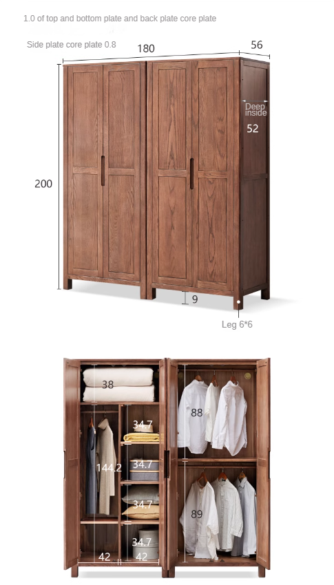 Solid Oak Wood Wardrobe in Walnut Finish - Stylish and Durable Closet Storage for Bedroom, Living Room, or Walk-in Closet