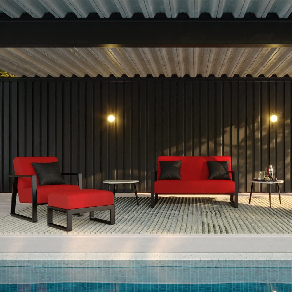 ZURI Modern Elba Outdoor Ottoman with Quick-Dry Cushions & Powder-Coated Aluminum Frame - Waterproof Patio Furniture for Poolside, Garden & Deck - Black/Red