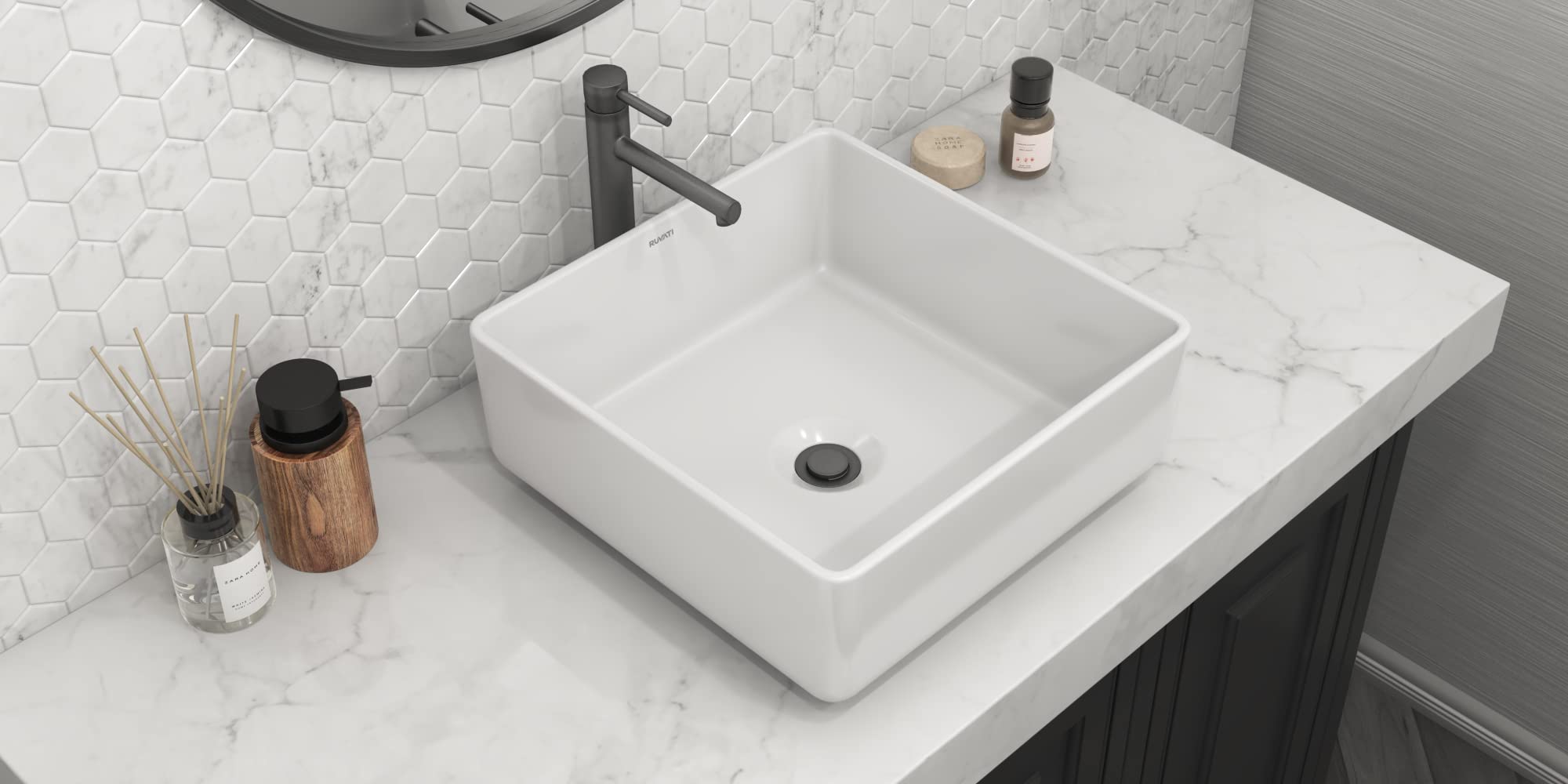 Ruvati 15 x 15 Inch White Rectangular Porcelain Vessel Sink for Bathroom Vanity - Above Counter Ceramic Basin - Perfect for Small Bathrooms, Powder Rooms & RV Bathrooms (Model RVB1616)