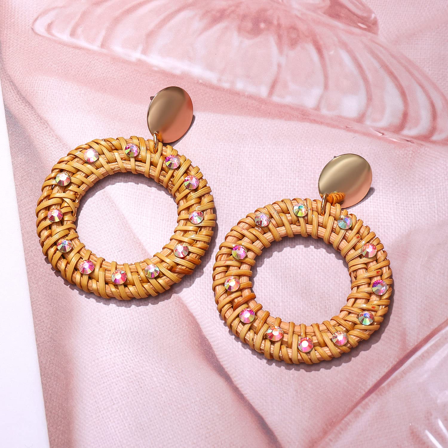 Handmade Bohemian Rattan Earrings for Women - Lightweight Geometric Woven Hoop Drop Dangle Earrings, Natural Raffia Straw Jewelry | Perfect for Summer Festivals, Beach Vacations & Boho Fashion