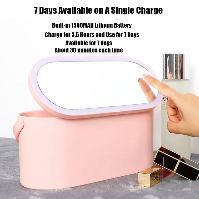 Portable LED Makeup Organizer with Mirror - Pink Travel Cosmetic Case for Home & On-the-Go
