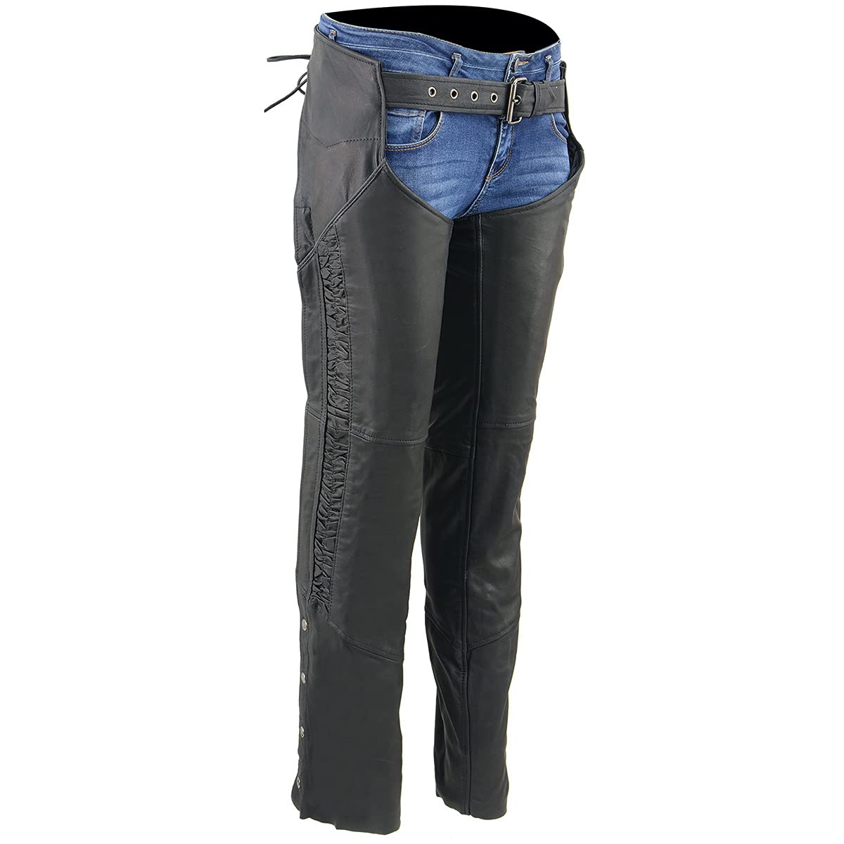 Milwaukee Women's Black Lightweight Goat Skin Motorcycle Chaps with Crinkled Stripes & Reflective Design - MLL6501 | Perfect for Riding, Biker Events & Outdoor Adventures