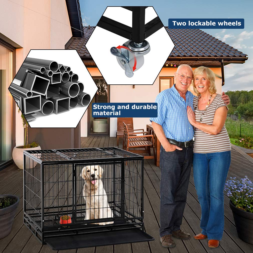 Heavy Duty 36 Inch Dog Crate Cage for Large Dogs - Indoor/Outdoor Pet Kennel with Double Doors, Secure Locks & Removable Plastic Tray - Perfect for Training, Travel, and Home Safety