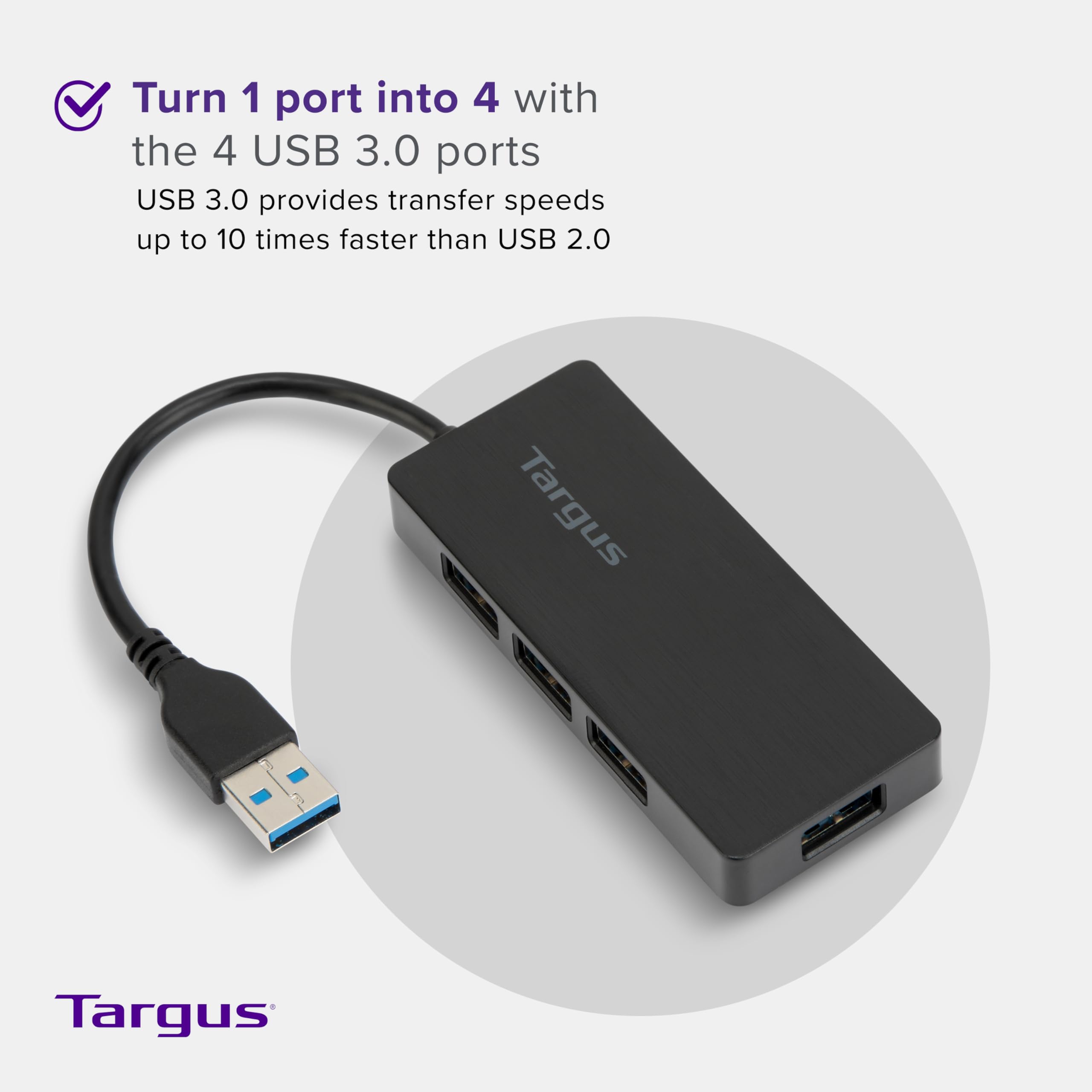 Targus 4-Port USB 3.0 Hub with 5Gbps Data Transfer - Compact USB Splitter for Laptop, PC, Mac - Black (ACH124US) - Perfect for Home Office, Gaming & Multi-Device Setup