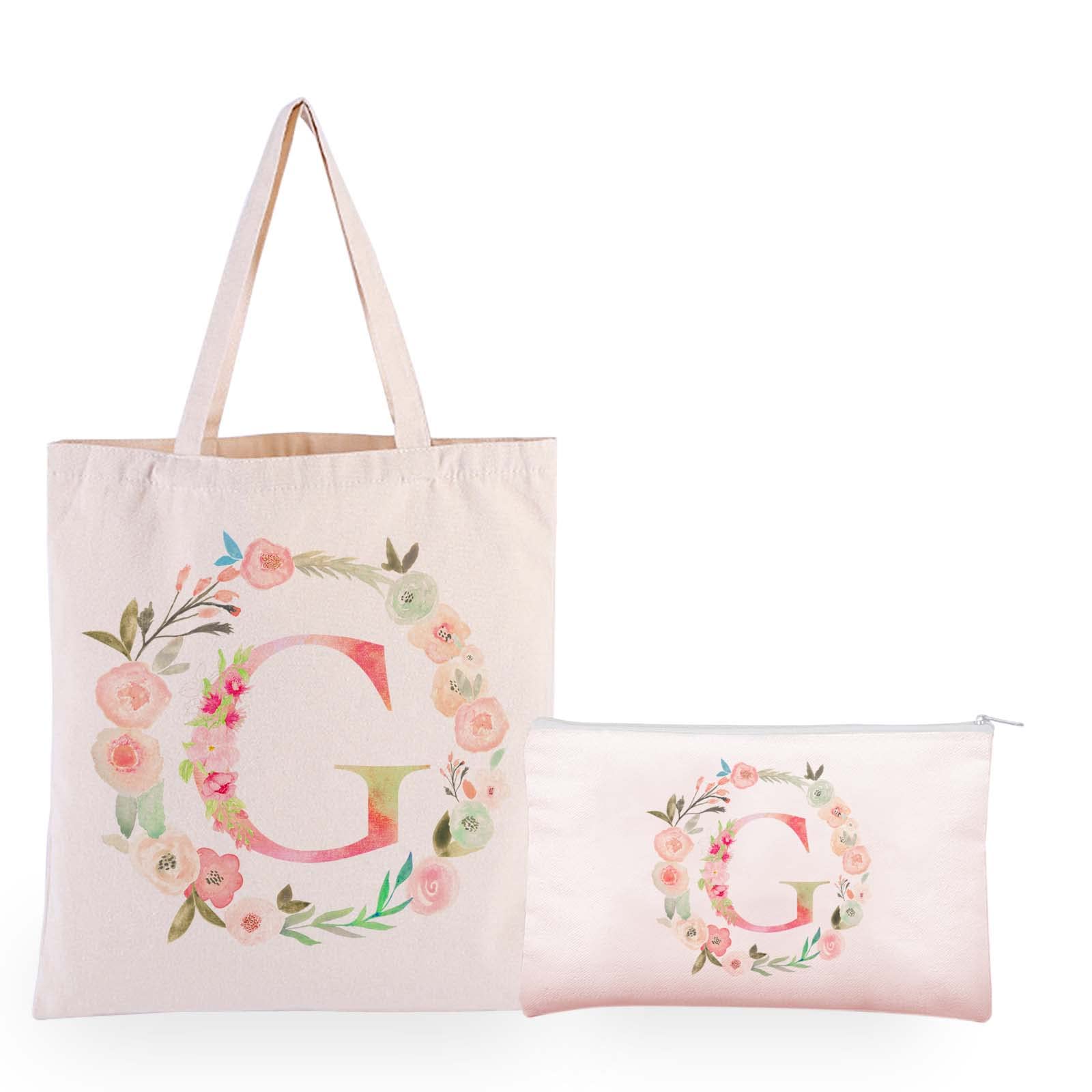 Boutikpro Floral Personalized Initial Canvas Tote Bag with Zipper - Monogram Cosmetic Bag for Women, Bridesmaid Gift - Perfect for Travel, Beach & Everyday Use