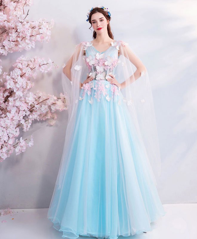 Elegant Blue V-Neck Tulle Prom Dress | Long Formal Evening Gown for Women | Perfect for Homecoming, Prom Night & Special Occasions