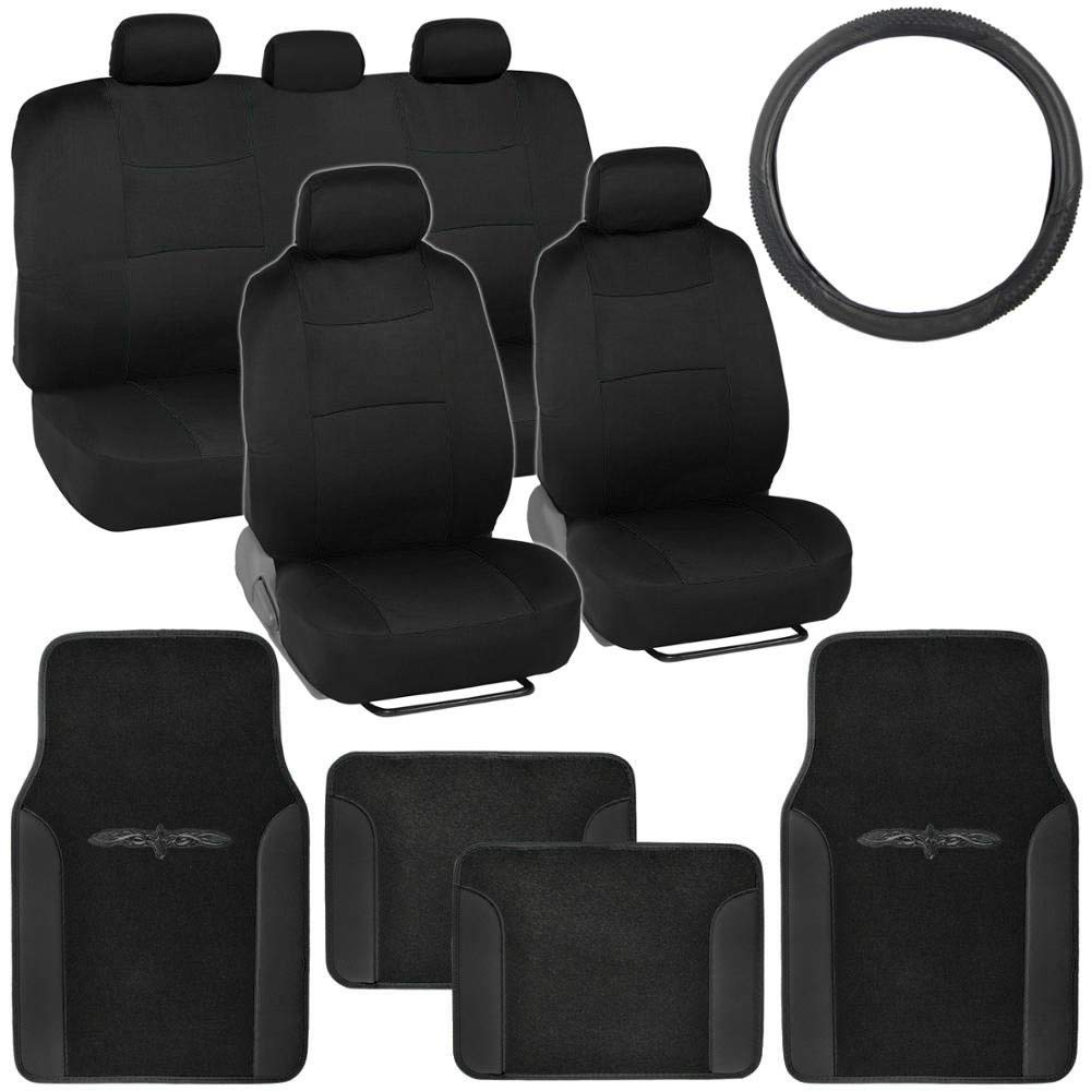 Black BDK Car Seat Covers Set (2 Front + 1 Bench) with Steering Wheel Cover & 4-Piece Floor Mats - Heavy Duty Protection, Ergonomic Design for Cars, Trucks & SUVs - Perfect for Daily Commute, Road Trips & Family Protection