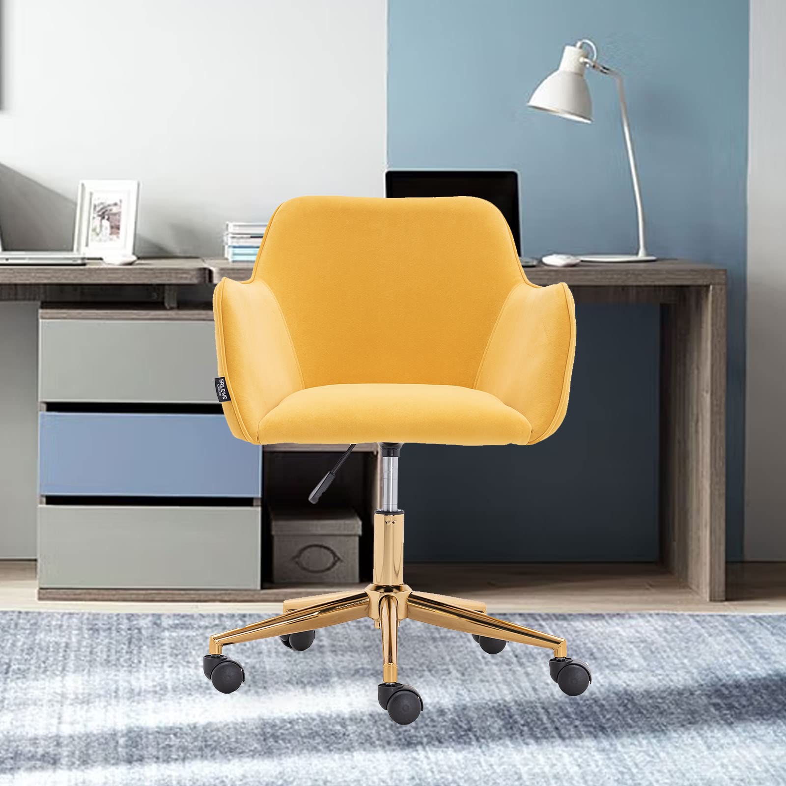 Yoluckea Modern Velvet Home Office Chair - Adjustable Swivel Desk Chair with Ergonomic Support for Women & Teens, Soft Upholstered Task Chair for Living Room, Bedroom or Vanity (Yellow) - Perfect for Remote Work, Online Classes & Home Office Setup