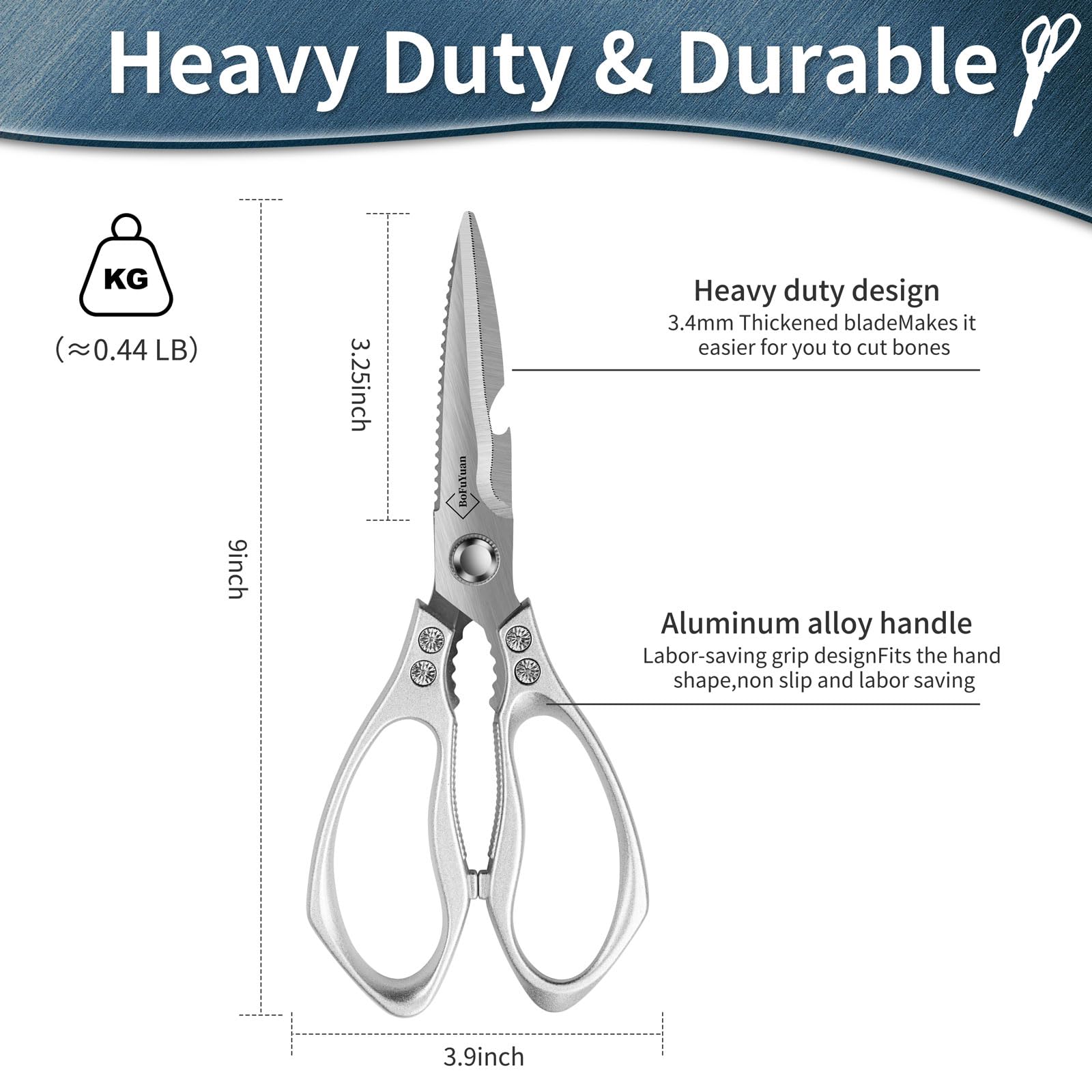 Heavy-Duty 9-Inch Stainless Steel Kitchen Shears - Multipurpose Food Scissors for Cutting Chicken, Meat, Bones & Herbs - Perfect for Meal Prep, Butchering & Cooking