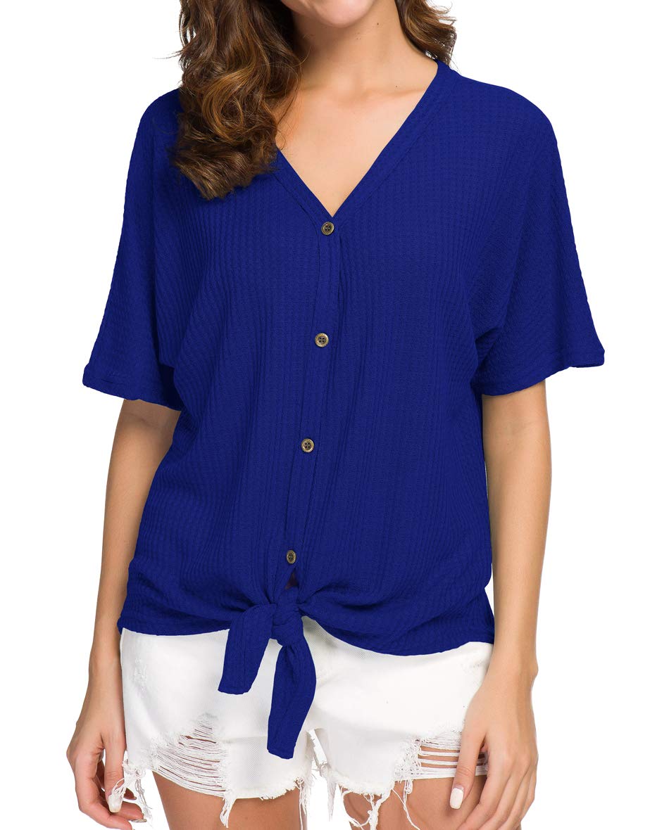 IWOLLENCE Women's Waffle Knit Tunic Blouse - Tie Knot Short Sleeve Henley Top, Loose Fit Batwing Shirt for Casual Wear, Office & Spring Outfits