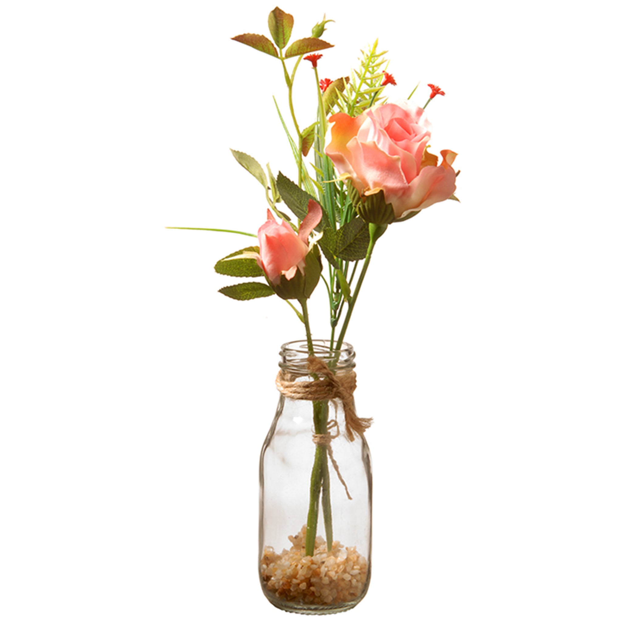 12 Inch Spring Pink Roses Bouquet in Glass Vase with Leafy Greens - Perfect for Weddings, Home Decor & Romantic Gifts