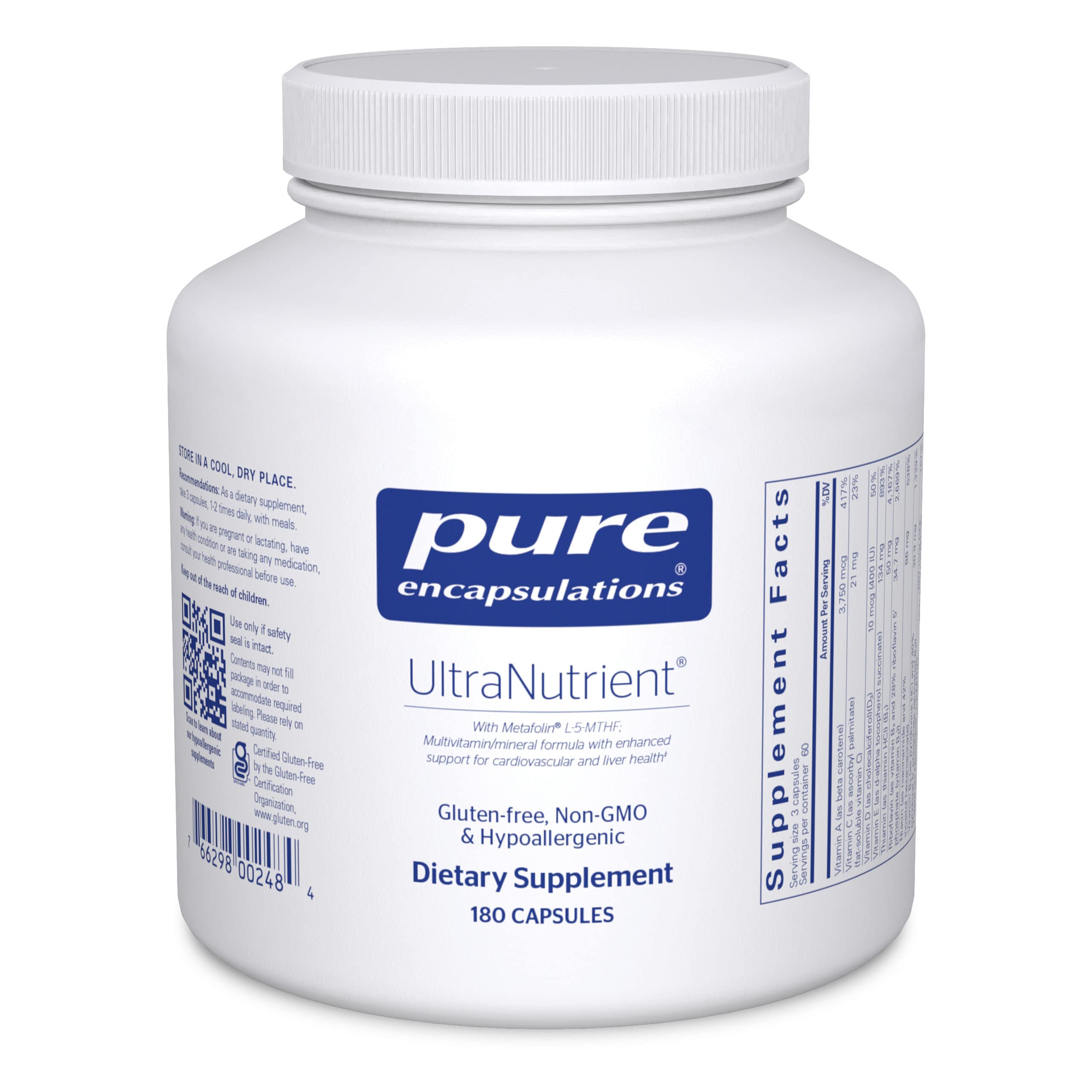 Pure Encapsulations UltraNutrient Multivitamin & Mineral Supplement - 180 Capsules with Vitamin C, CoQ10 for Liver & Heart Health Support | Gluten Free Antioxidant Formula | Daily Wellness & Immune Support Supplement for Active Lifestyles