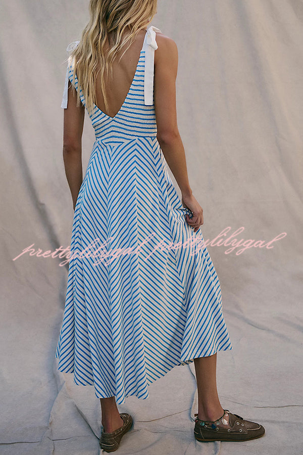 Elegant Striped Print V-Neck Lace-Up Backless Midi Dress for Women | Summer Beach Holiday Party & Date Night Outfit