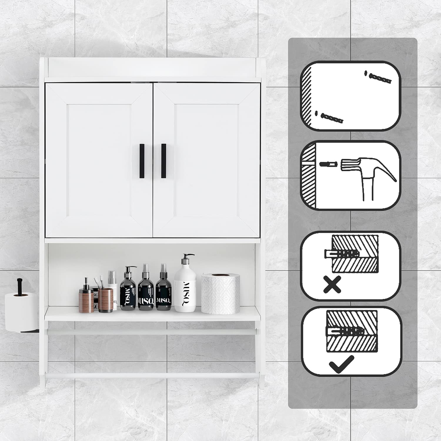 Wooden Over The Toilet Bathroom Wall Cabinet with Adjustable Shelves & Towel Bar - Wall Mounted Medicine Storage Cabinet for Bathroom Organization - Perfect for Small Bathrooms, Apartments & Powder Rooms