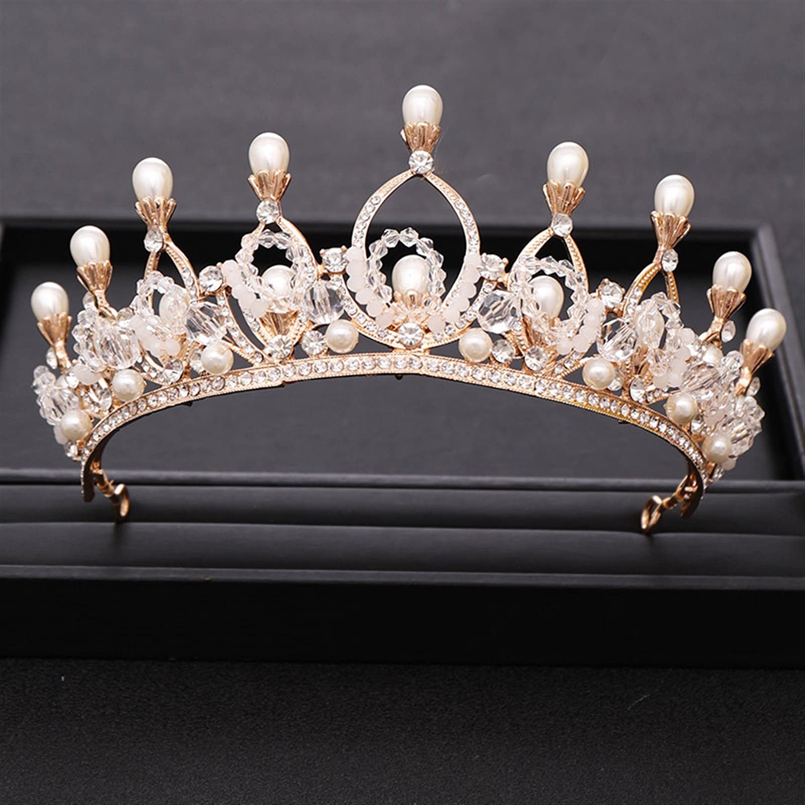 Trendy Rhinestone Crystal Pearl Wedding Crown - Golden Princess Headdress for Brides | Elegant Bridal Hair Accessories for Weddings, Prom & Special Occasions